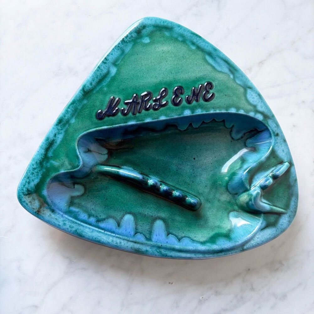 Vintage 1964 Handmade Pottery Ashtray MARLENE Blue Green Drip Glaze Signed